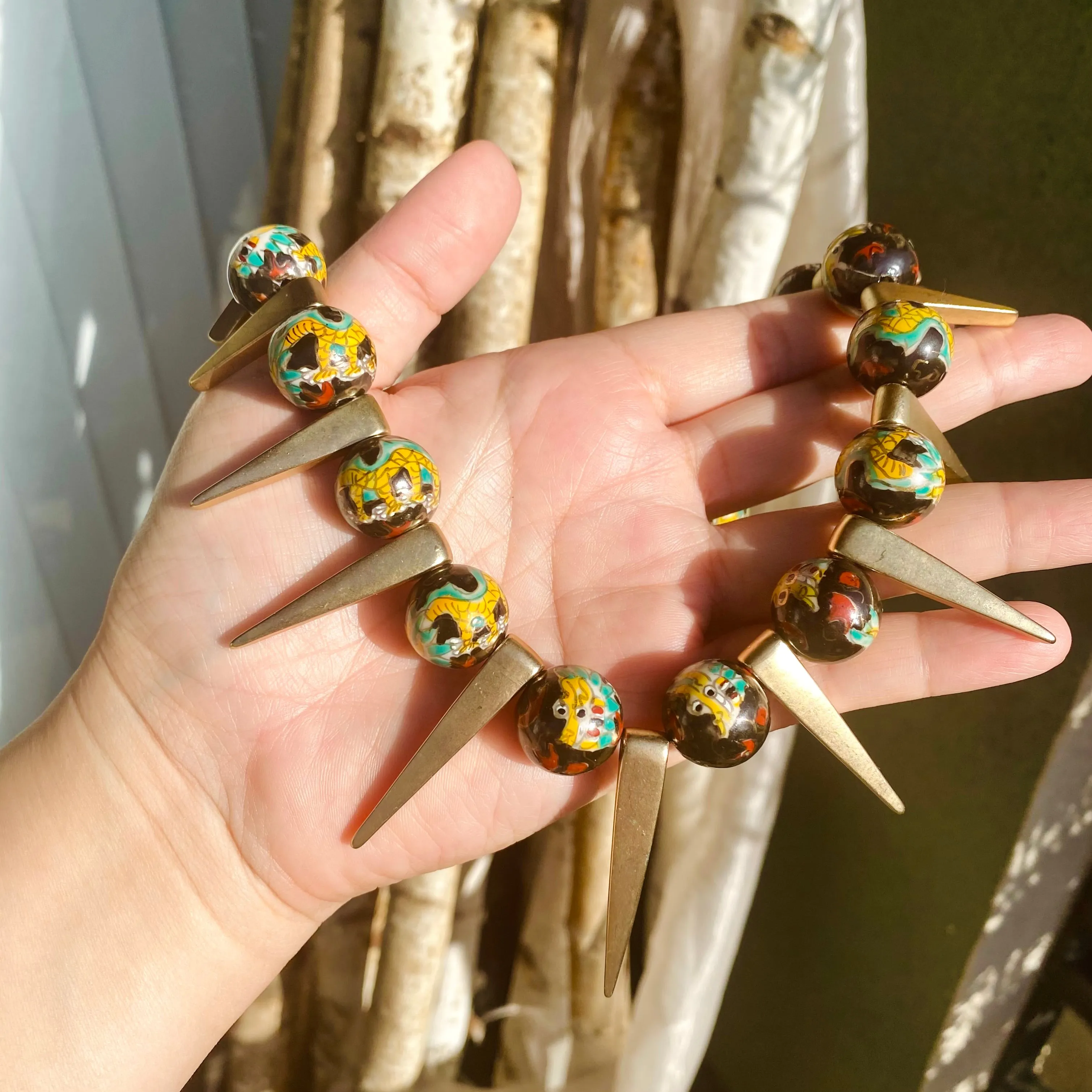 Dragon enamel and gold spike necklace