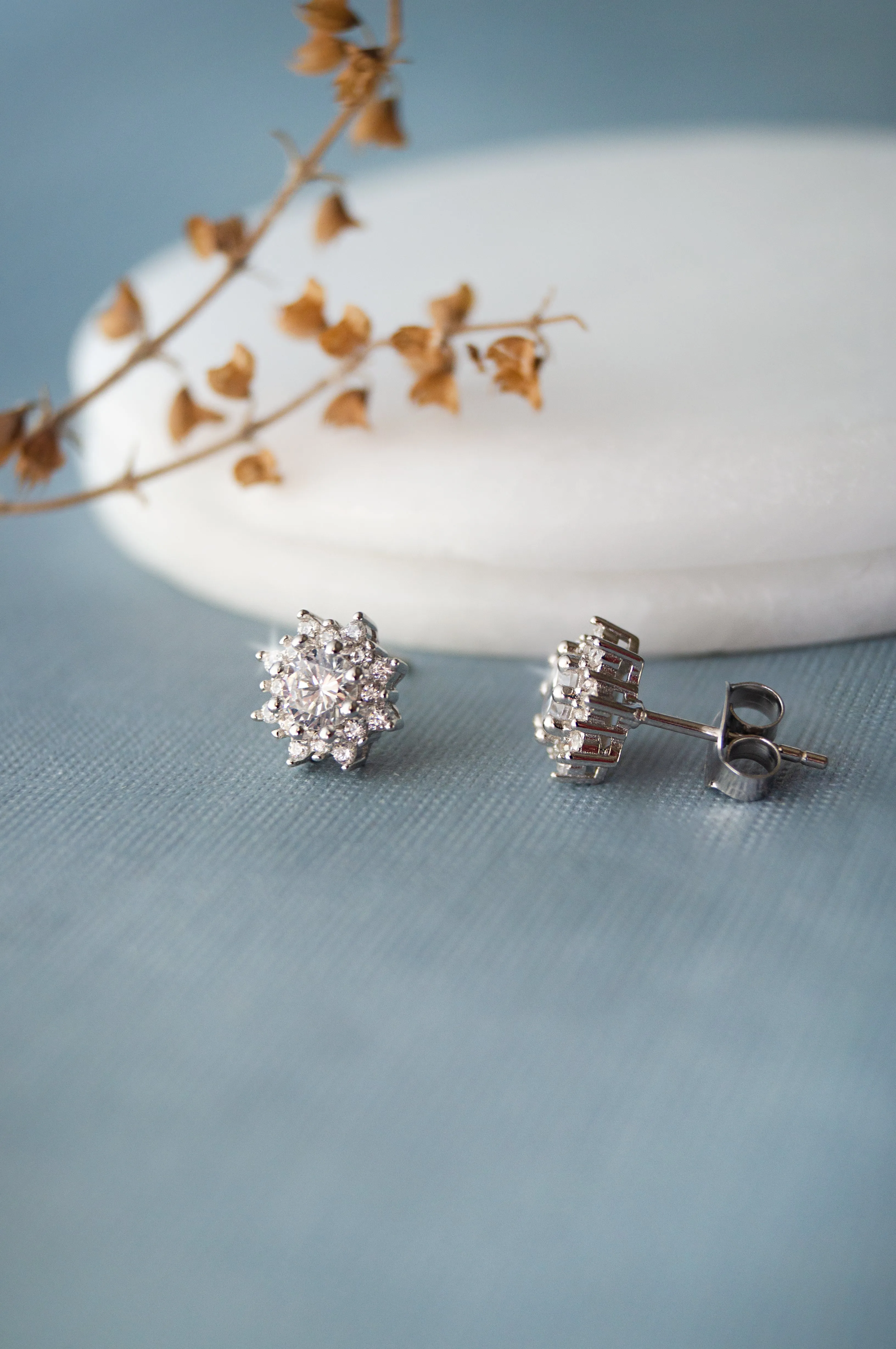 Floral Solitaire Sterling Silver Stud Earrings