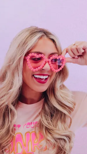 Flower Retro Heart Sunglasses - Pink