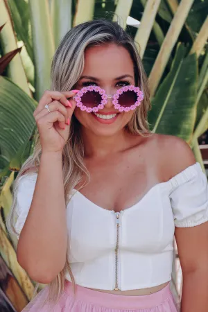 Flower Retro Round Sunglasses - Lavender