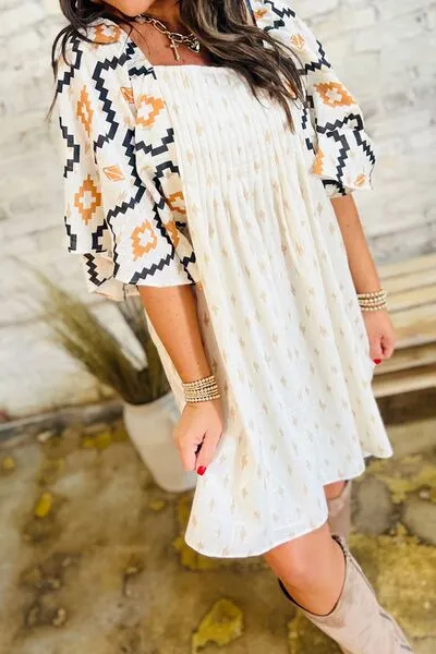 Geometric Square Neck Half Sleeve Mini Dress
