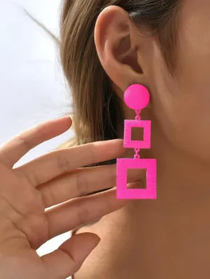 Geometric Square Shape Earrings - Hot Pink