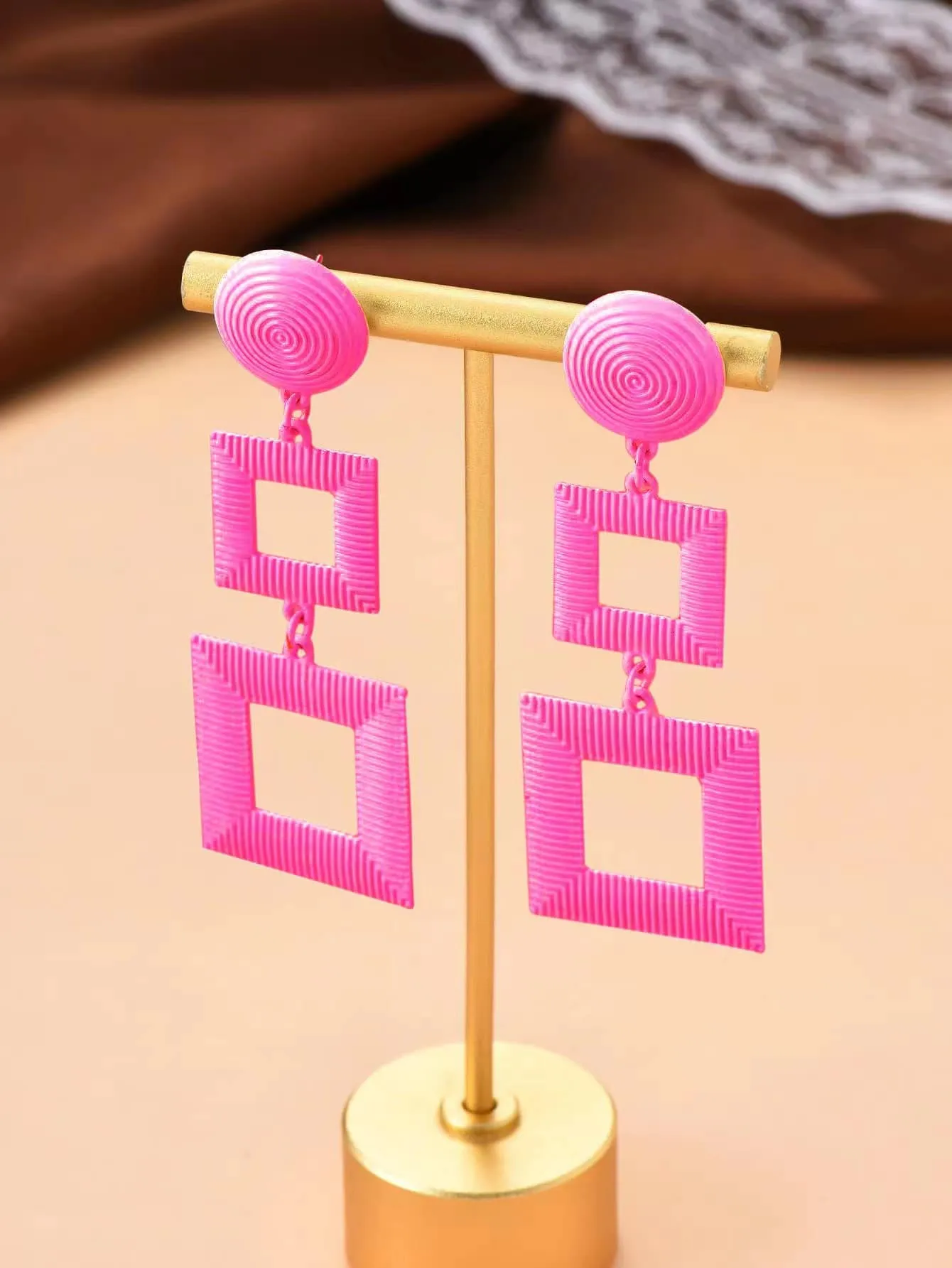 Geometric Square Shape Earrings - Hot Pink