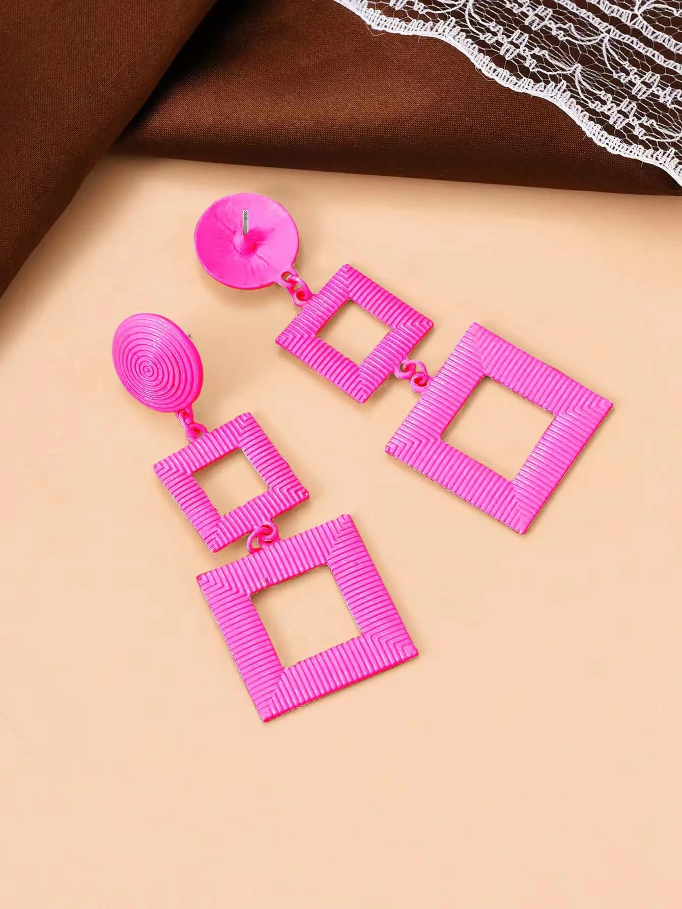 Geometric Square Shape Earrings - Hot Pink