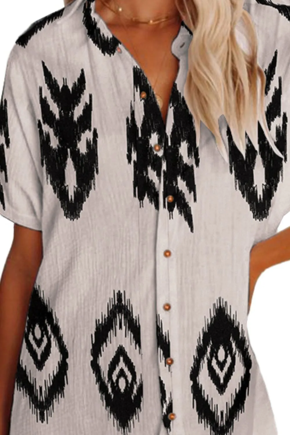 Grant Geometric Button Up Short Sleeve Cover Up