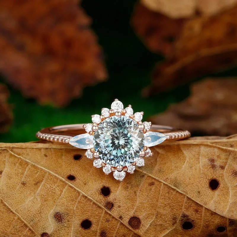 Halo Portuguese Cut Blue Dainty Round Shaped Moissanite Floral Cluster Moonstone Ring