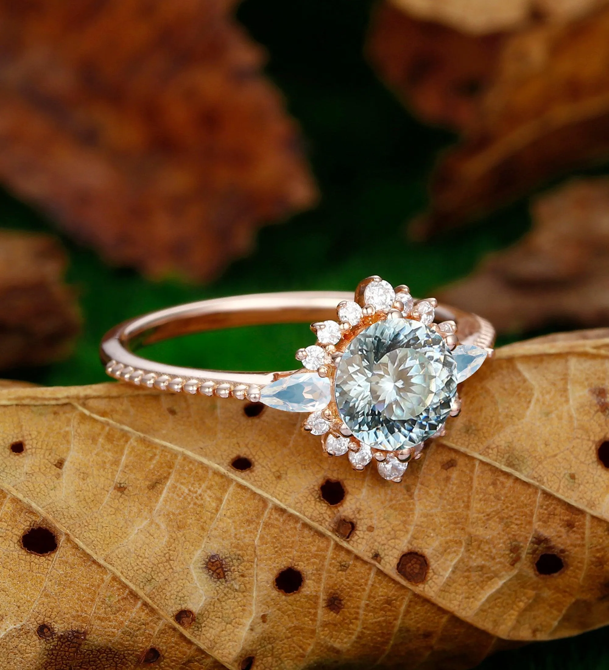 Halo Portuguese Cut Blue Dainty Round Shaped Moissanite Floral Cluster Moonstone Ring
