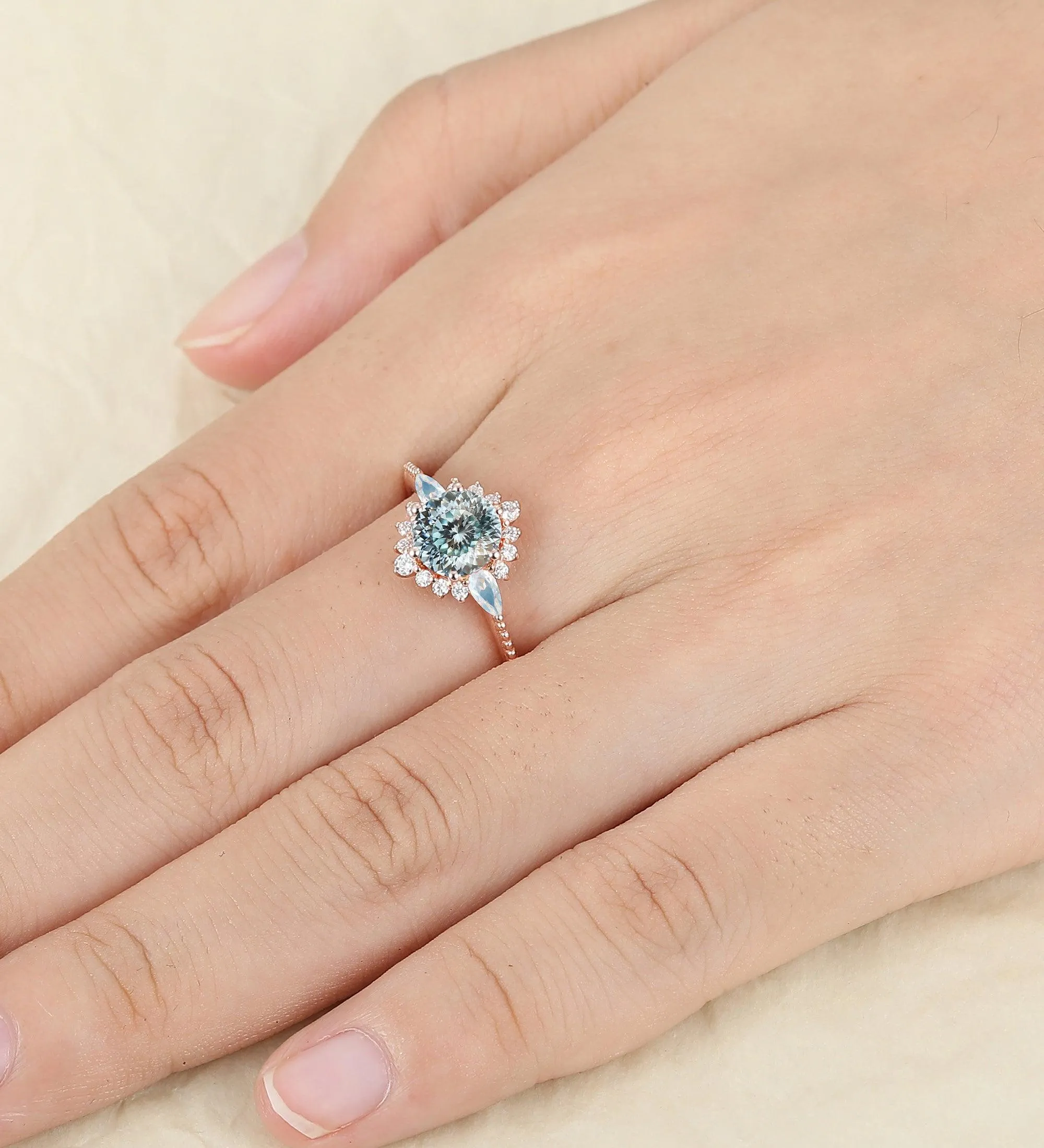 Halo Portuguese Cut Blue Dainty Round Shaped Moissanite Floral Cluster Moonstone Ring