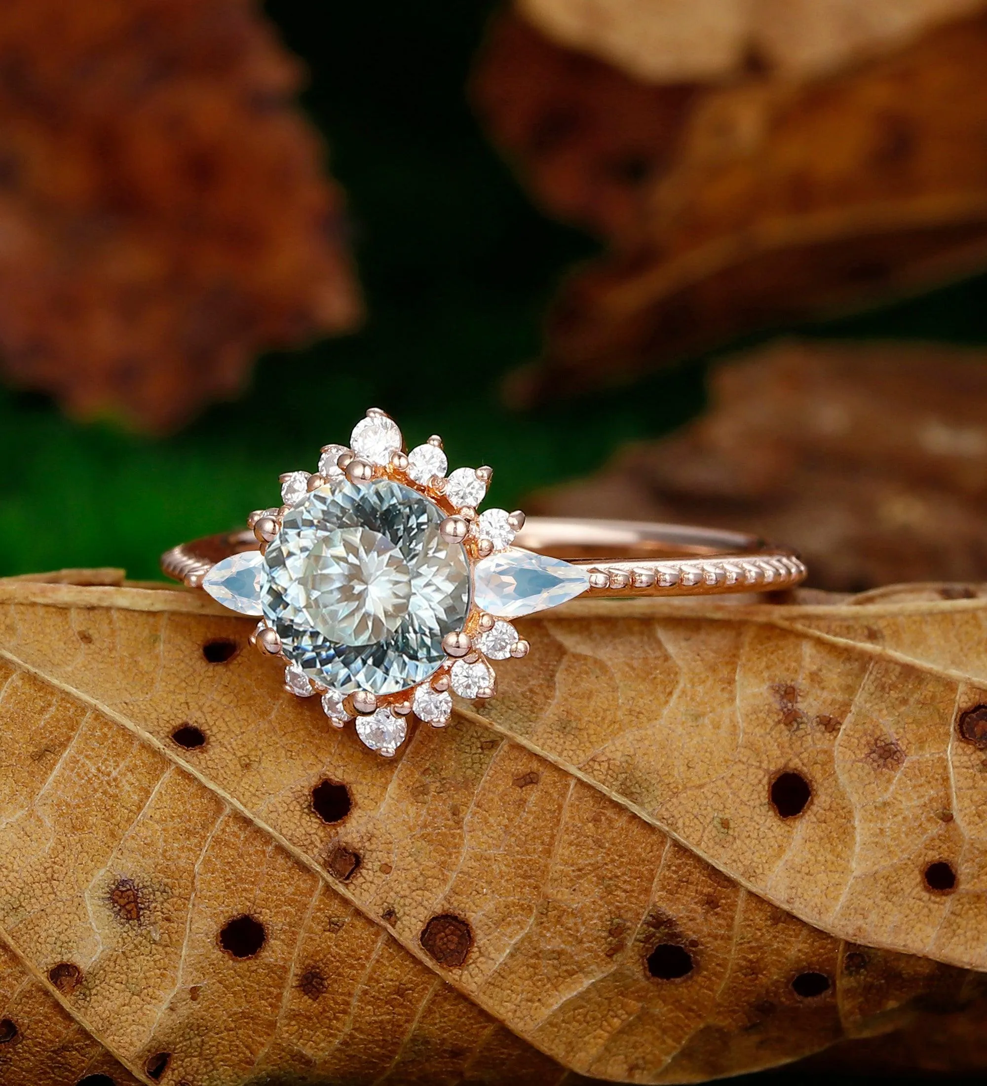 Halo Portuguese Cut Blue Dainty Round Shaped Moissanite Floral Cluster Moonstone Ring