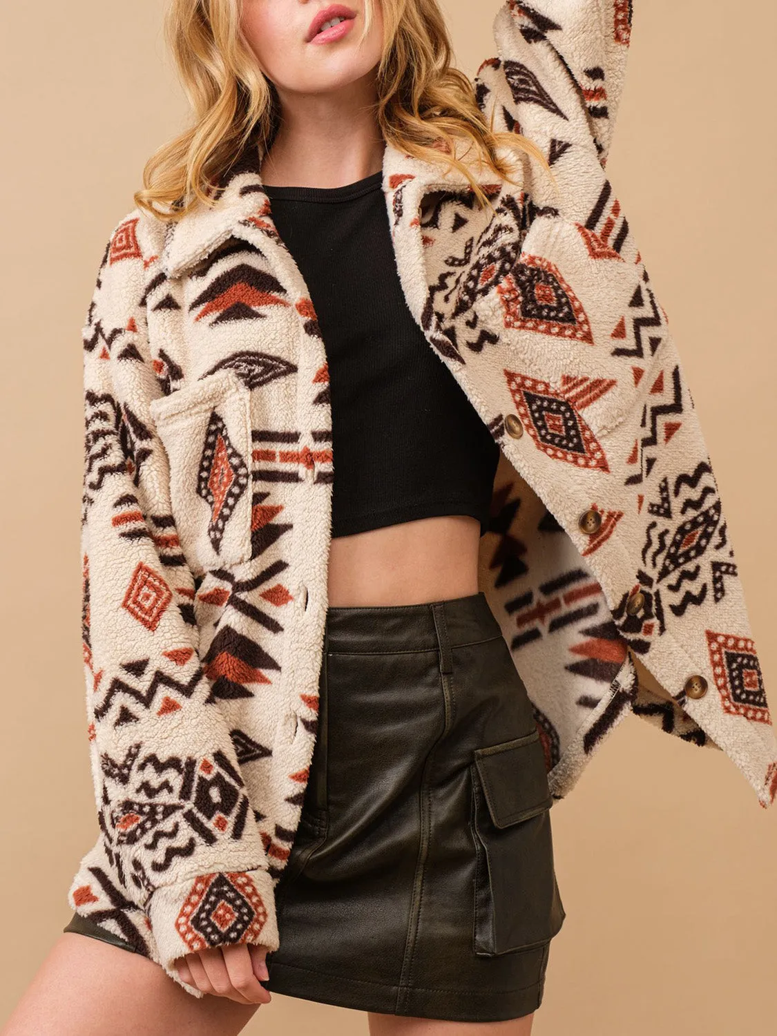 Hazel Blues® |  Geometric Button Up Long Sleeve Sherpa Jacket