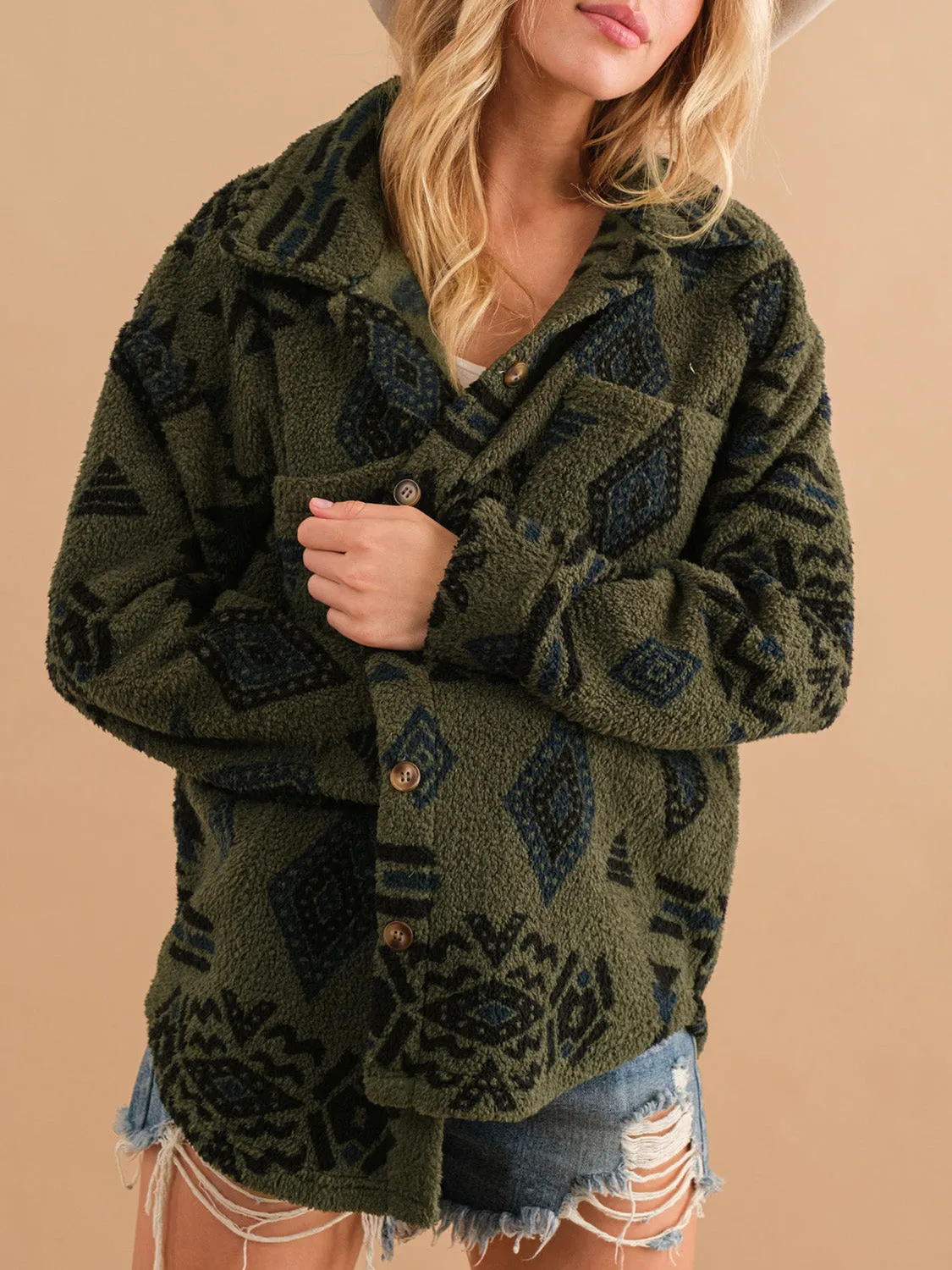 Hazel Blues® |  Geometric Button Up Long Sleeve Sherpa Jacket