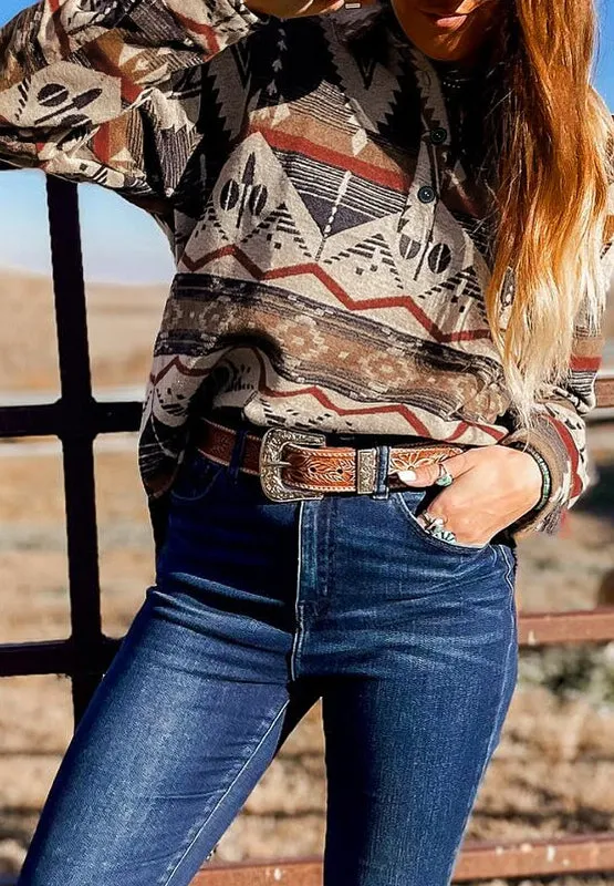 Hazel Blues® |  Geometric Half Button Long Sleeve Sweatshirt