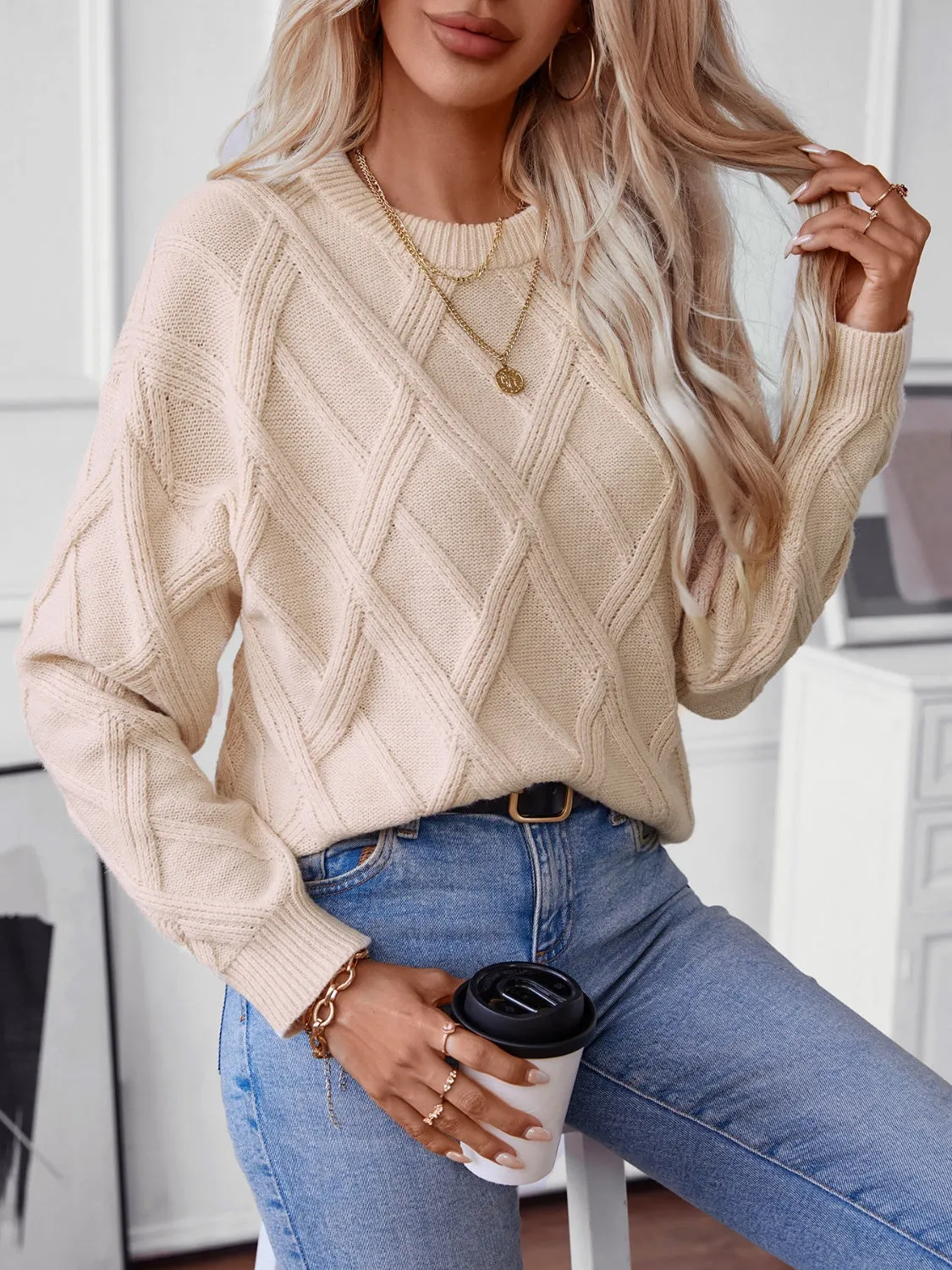 Hazel Blues® |  Geometric Round Neck Long Sleeve Sweater
