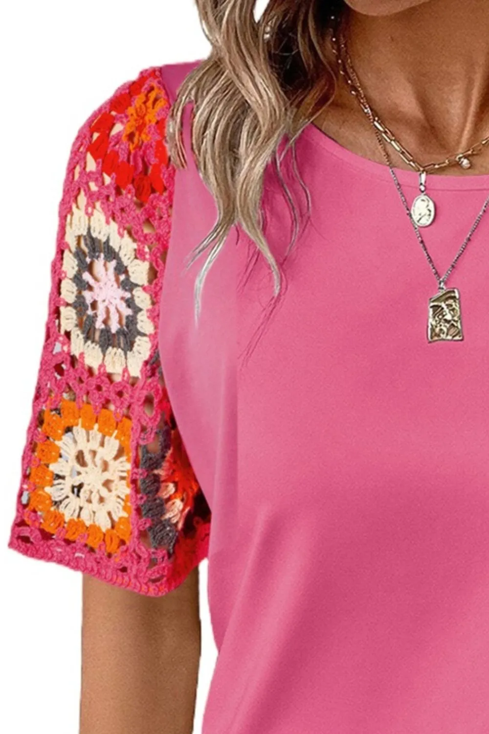 Hazel Blues® |  Geometric Round Neck Short Sleeve Blouse