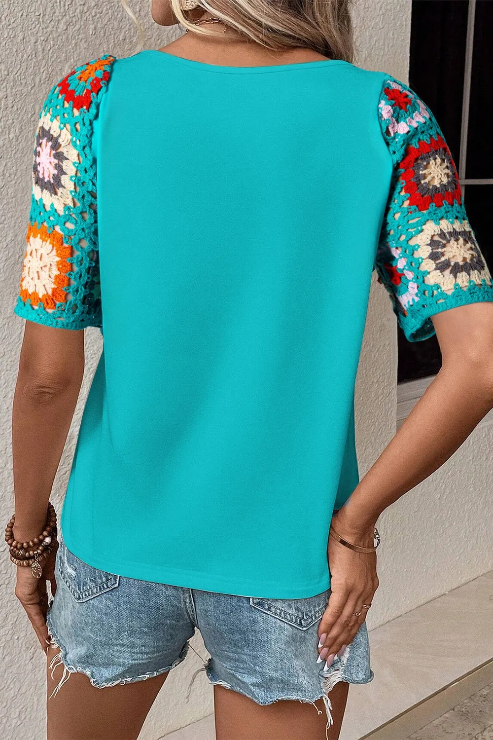 Hazel Blues® |  Geometric Round Neck Short Sleeve Blouse