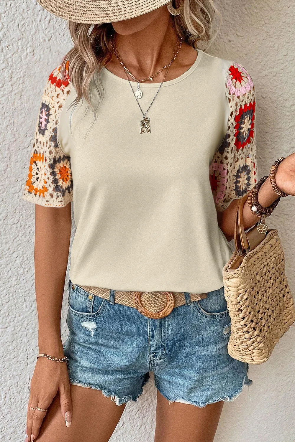 Hazel Blues® |  Geometric Round Neck Short Sleeve Blouse