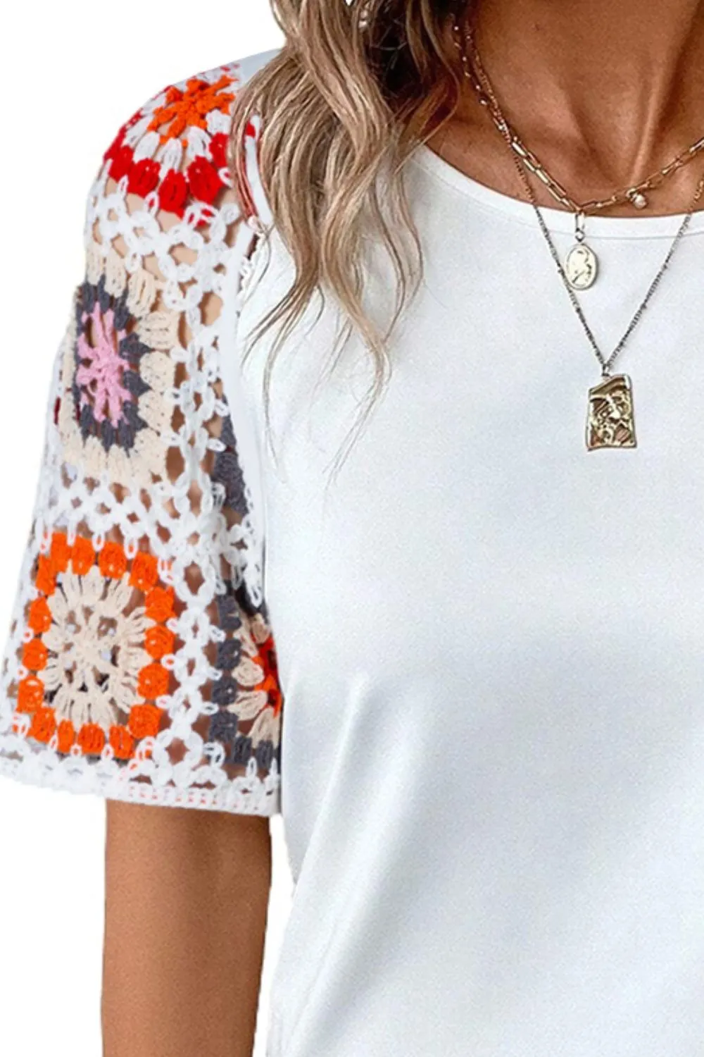 Hazel Blues® |  Geometric Round Neck Short Sleeve Blouse