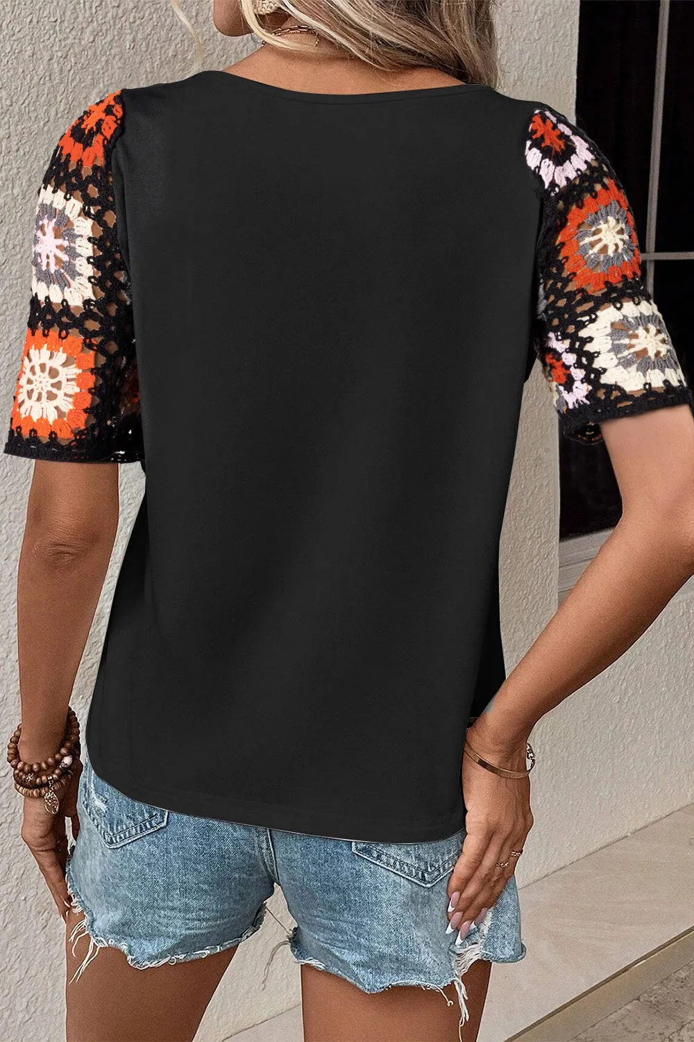 Hazel Blues® |  Geometric Round Neck Short Sleeve Blouse