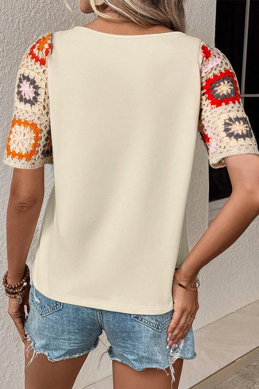 Hazel Blues® |  Geometric Round Neck Short Sleeve Blouse