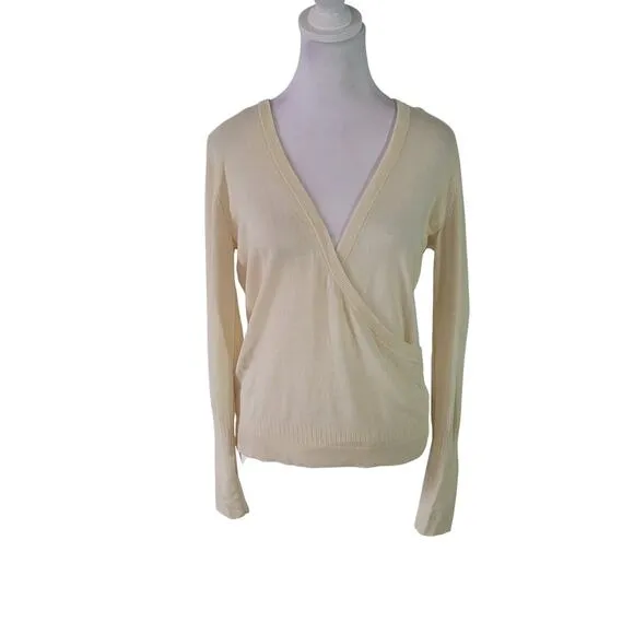 ibexSizeM Women's 100% Merino Wool Cream Faux Wrap Front Cross Sweater