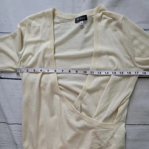ibexSizeM Women's 100% Merino Wool Cream Faux Wrap Front Cross Sweater