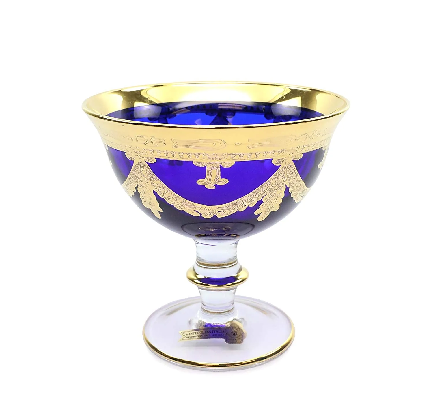 Interglass Italy Blue Crystal Compote Serving Bowl on a Stem, Vintage Design Set of 2, 6 or 12