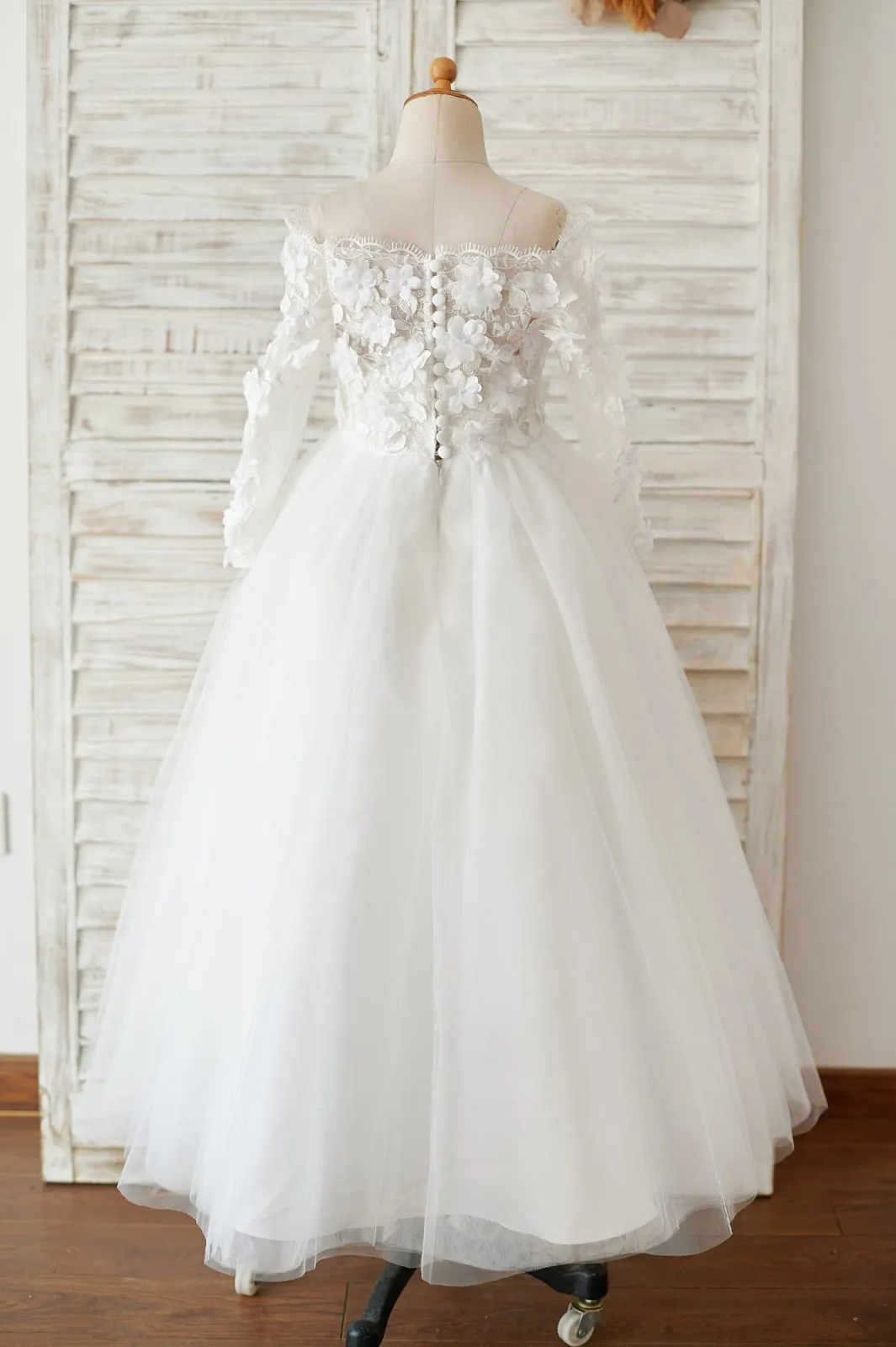 Ivory Lace Tulle Off Shoulder Long Sleeves Wedding Flower Girl Dress, 3D Flowers