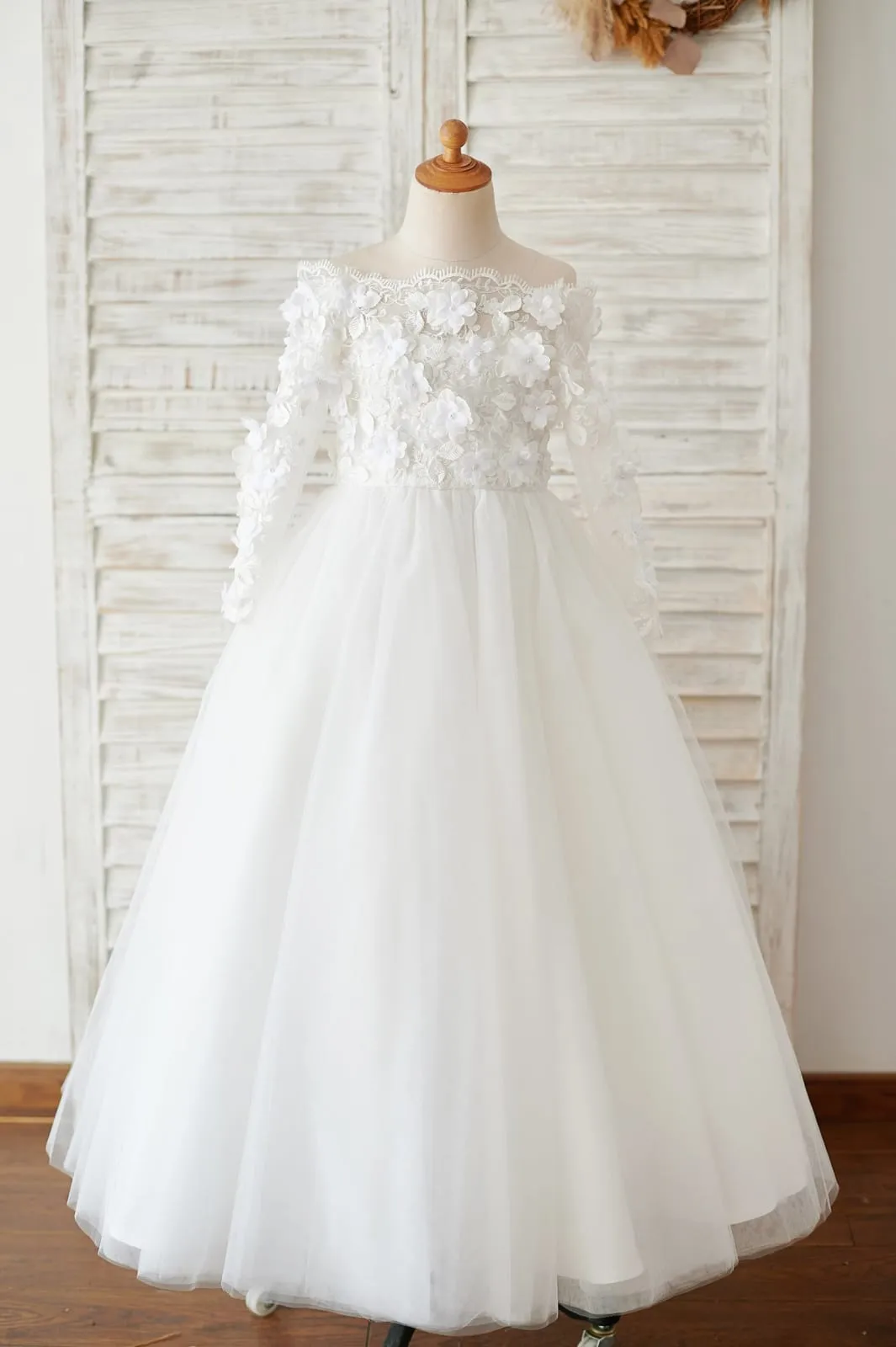 Ivory Lace Tulle Off Shoulder Long Sleeves Wedding Flower Girl Dress, 3D Flowers