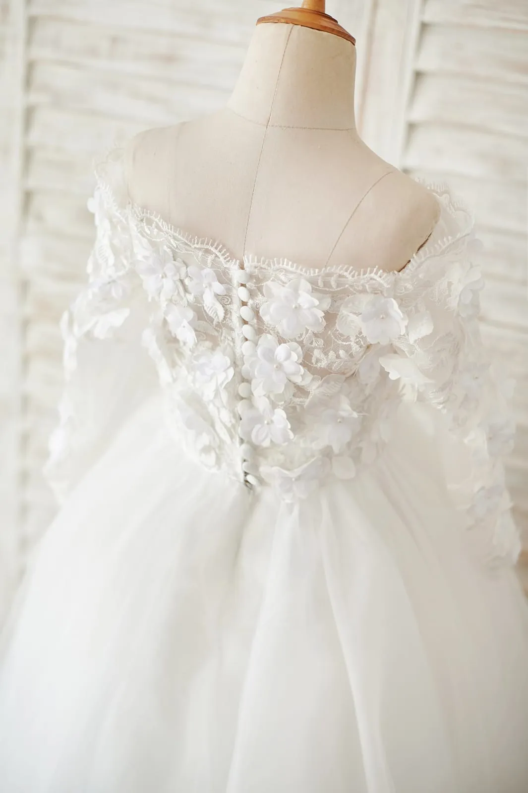 Ivory Lace Tulle Off Shoulder Long Sleeves Wedding Flower Girl Dress, 3D Flowers