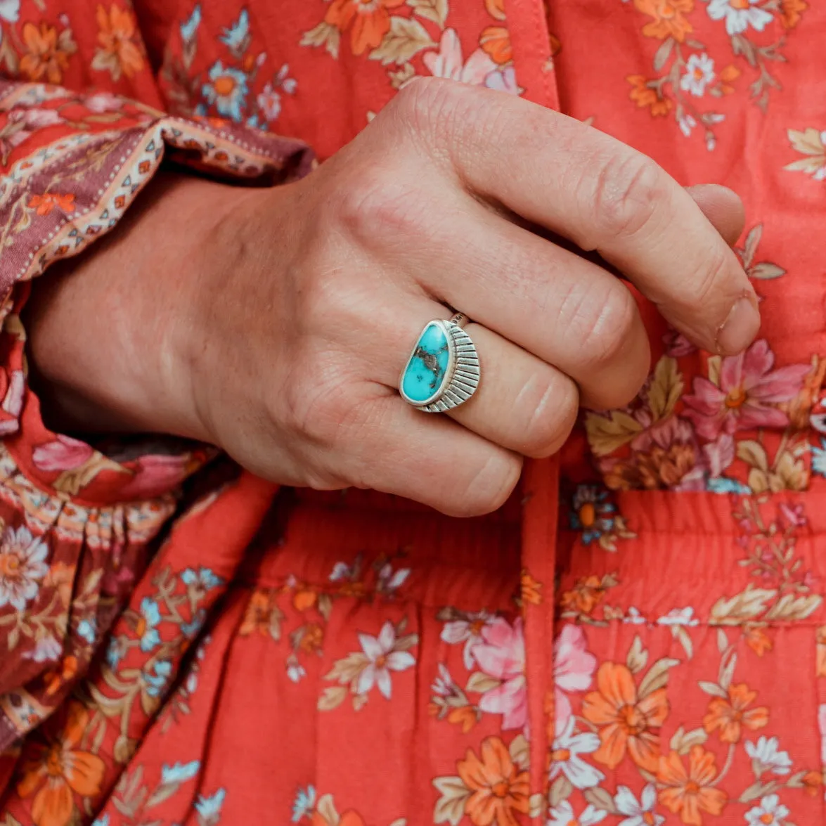 Kingman Turquoise Fan Ring #1 - Size 6.5