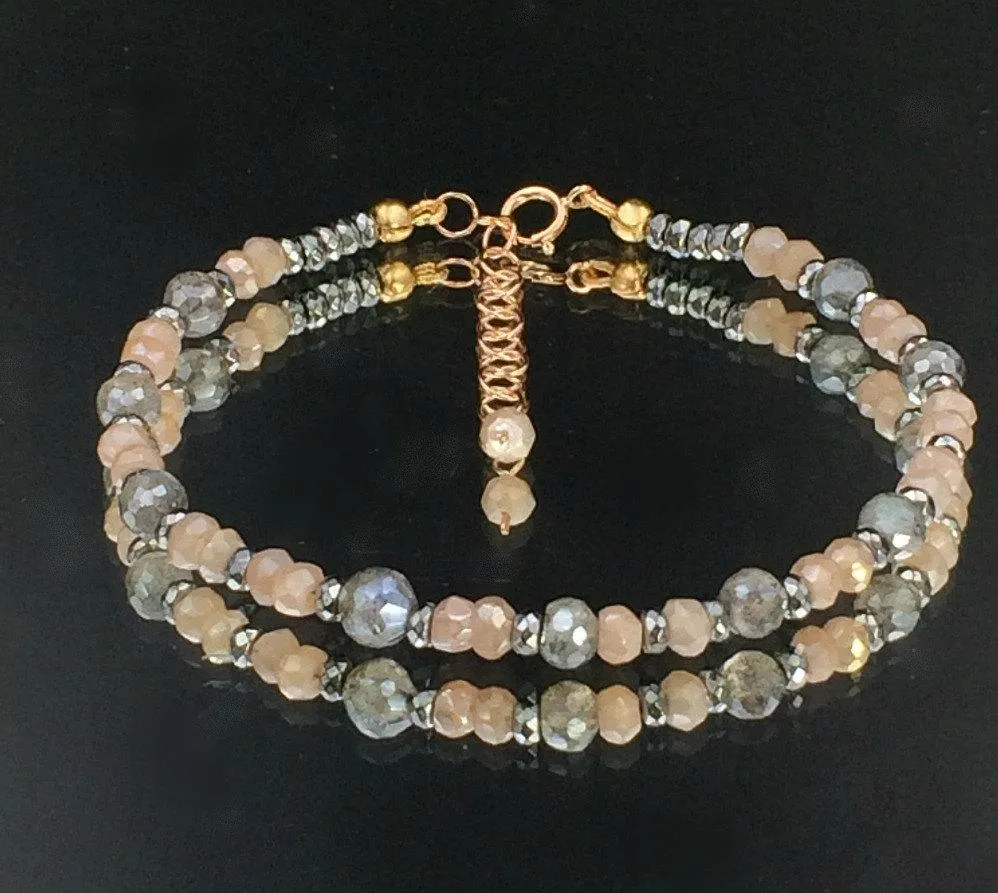 Labradorite Blush Moonstone Rose Gold Beaded Stacking Bracelet