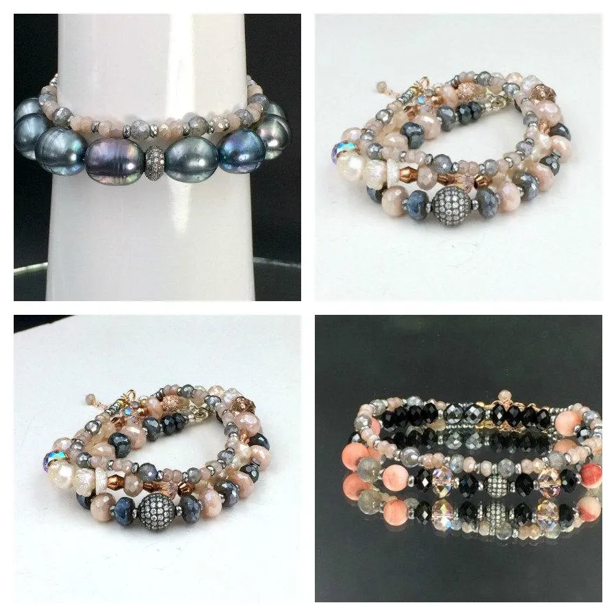 Labradorite Blush Moonstone Rose Gold Beaded Stacking Bracelet