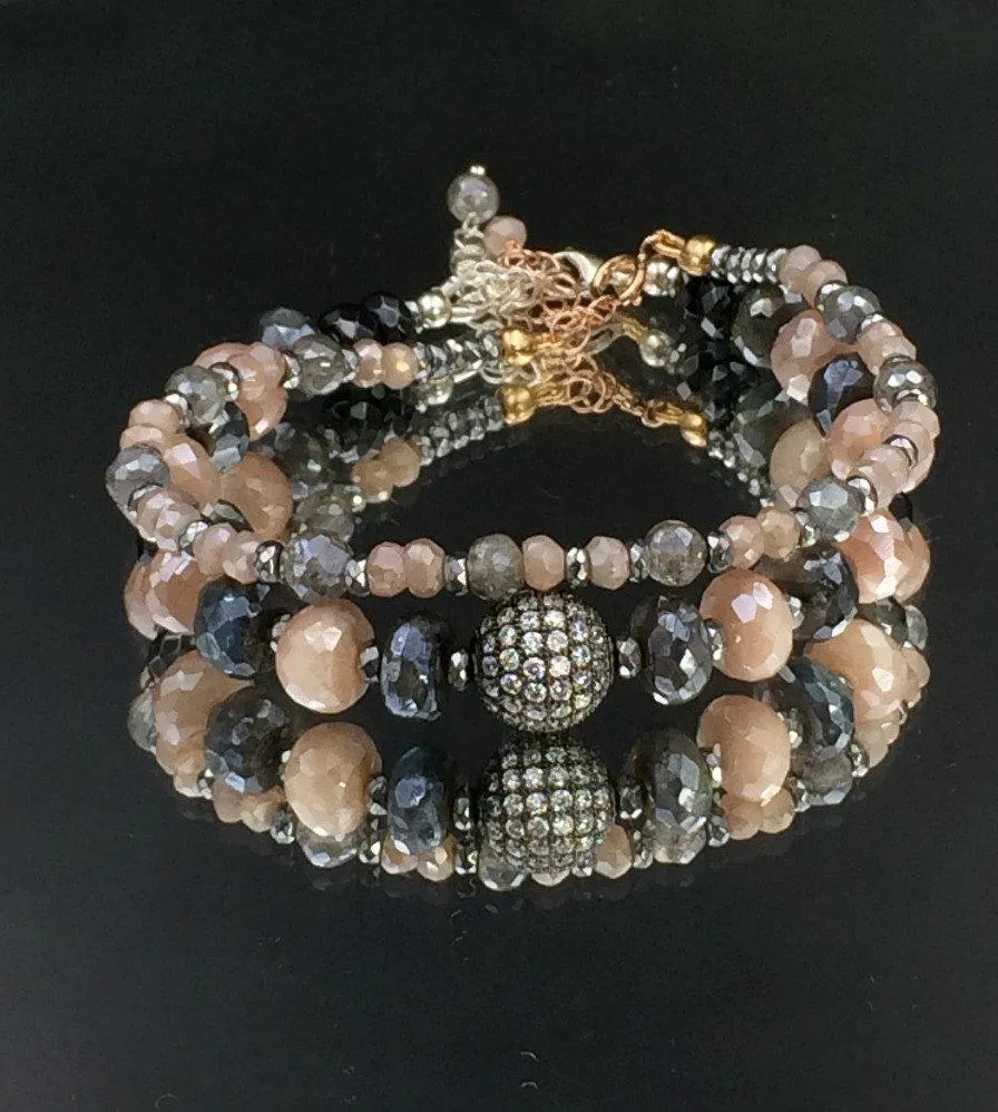 Labradorite Blush Moonstone Rose Gold Beaded Stacking Bracelet