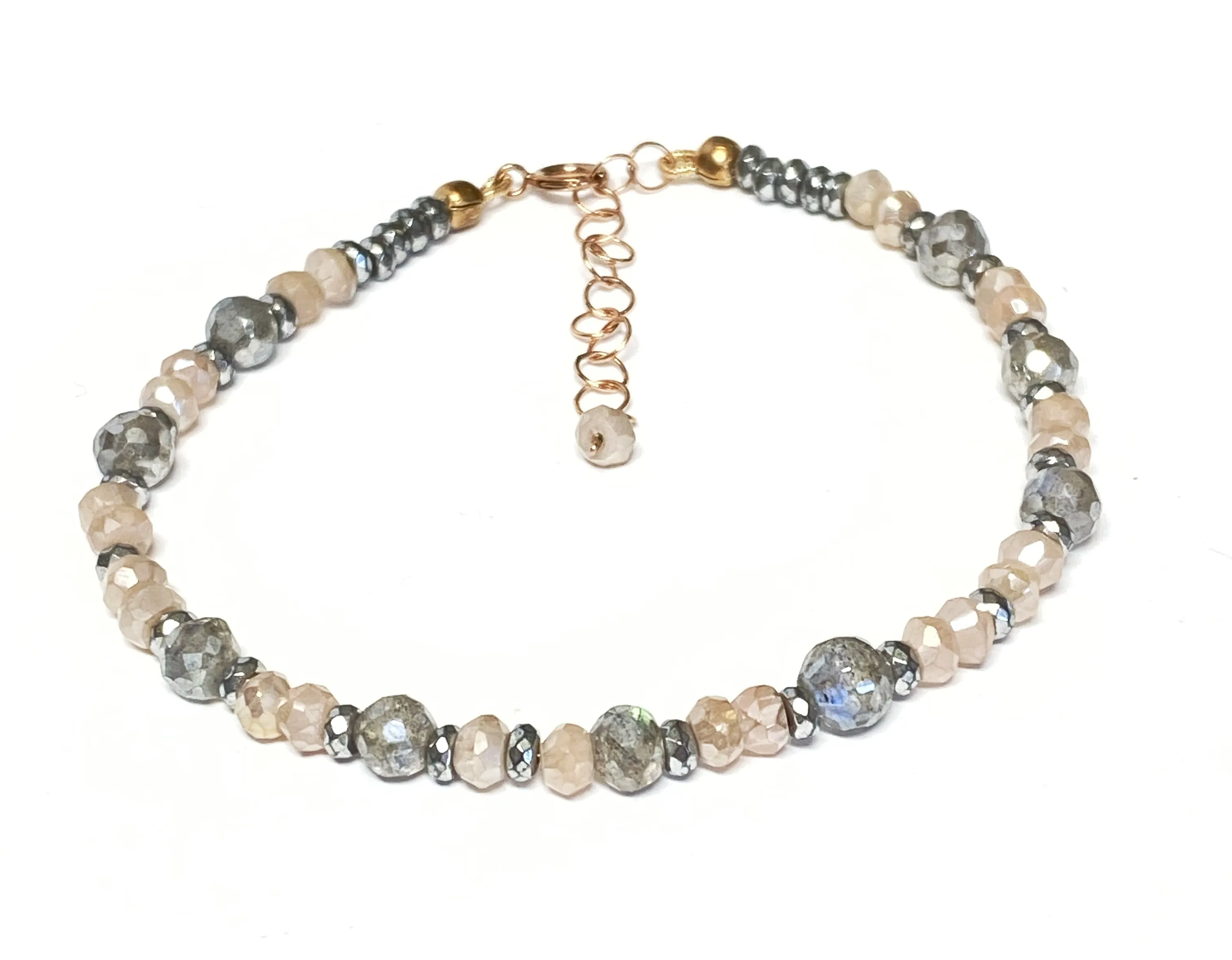 Labradorite Blush Moonstone Rose Gold Beaded Stacking Bracelet