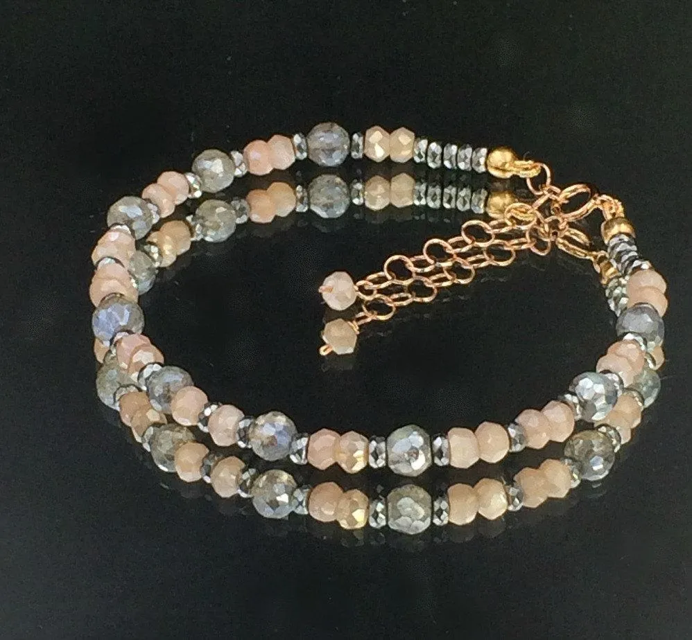 Labradorite Blush Moonstone Rose Gold Beaded Stacking Bracelet