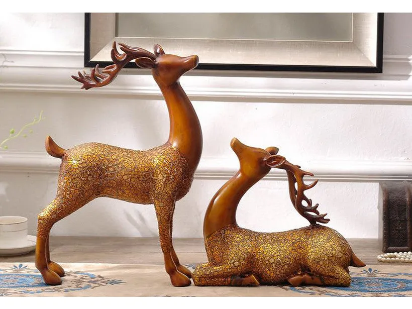 Large Pair of Brown Deer Sculpture with Antlers - 16" tall