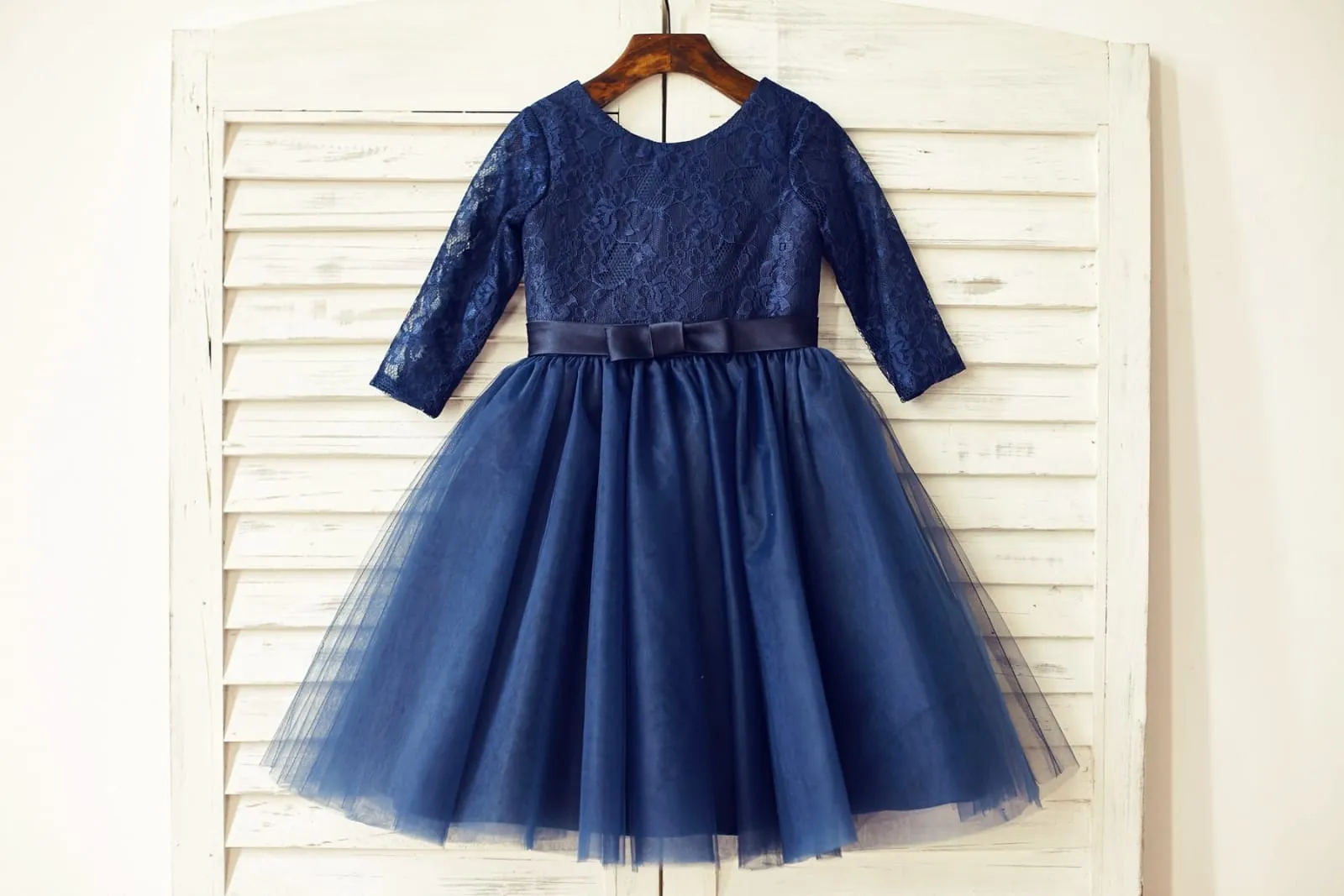 Long Sleeves Navy Blue Lace Tulle Flower Girl Dress