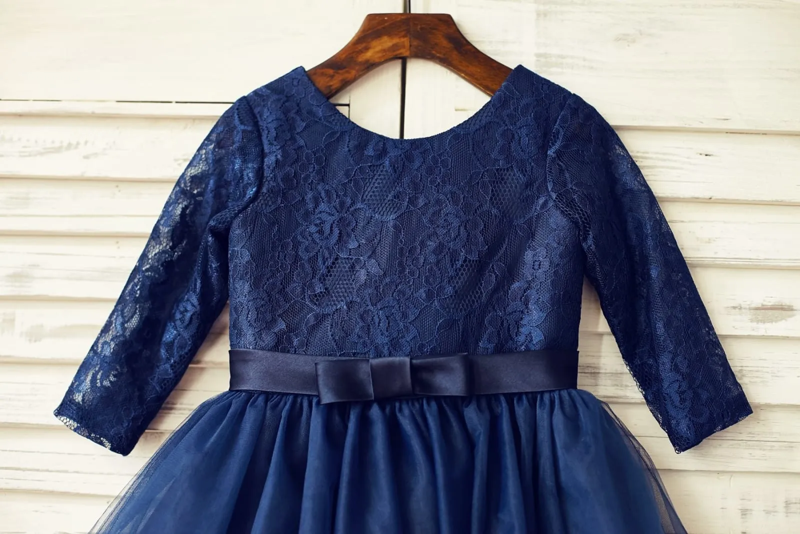 Long Sleeves Navy Blue Lace Tulle Flower Girl Dress