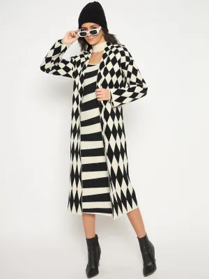 Madame Zebra Striped Dress with Geometric Print Shrug Black Ensemble