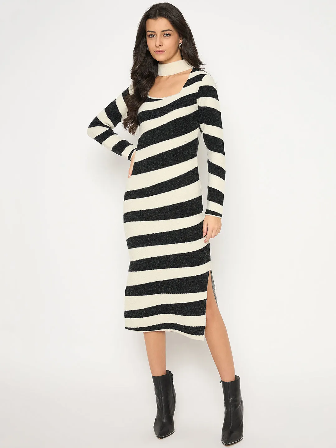 Madame Zebra Striped Dress with Geometric Print Shrug Black Ensemble