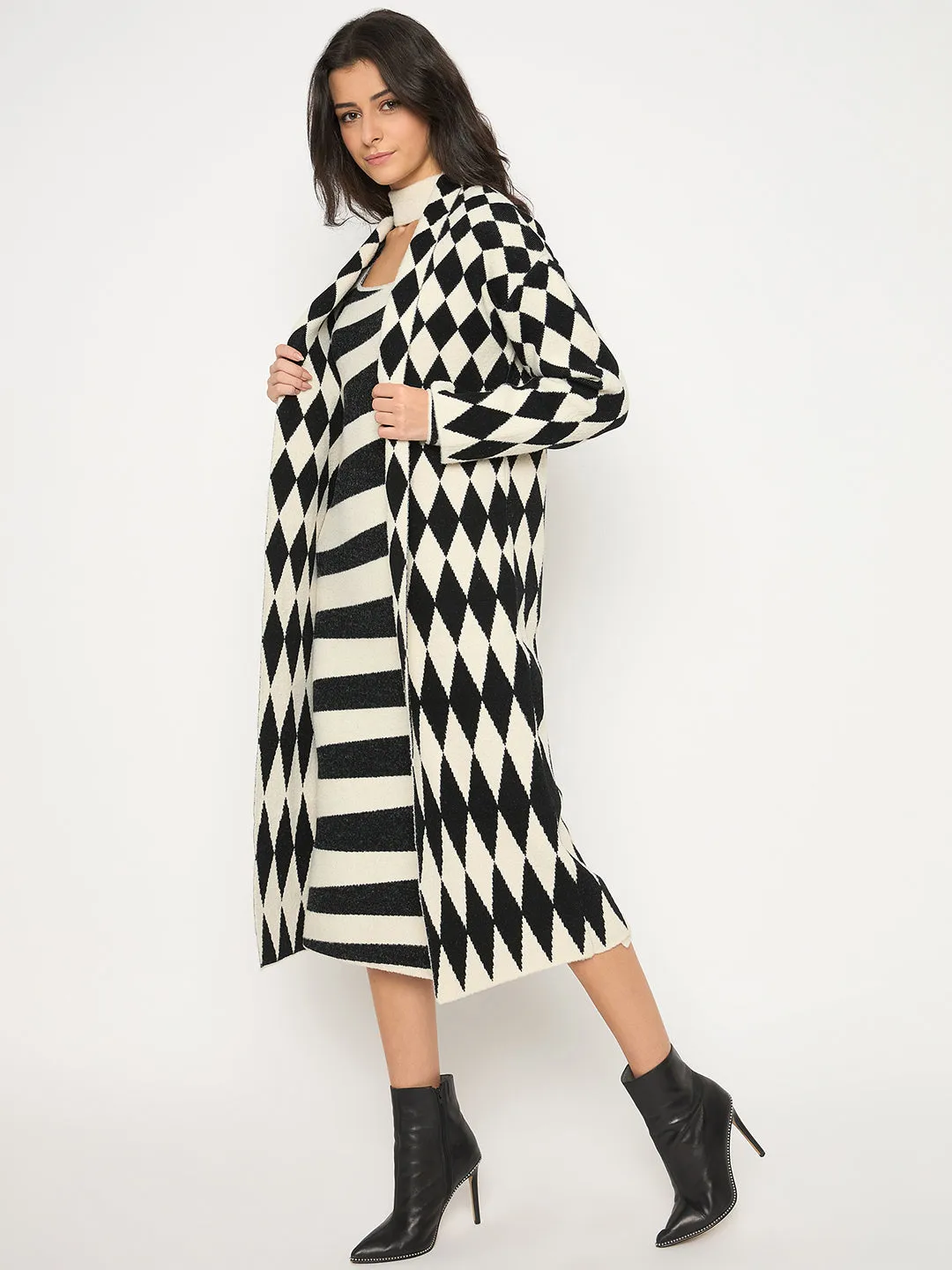 Madame Zebra Striped Dress with Geometric Print Shrug Black Ensemble