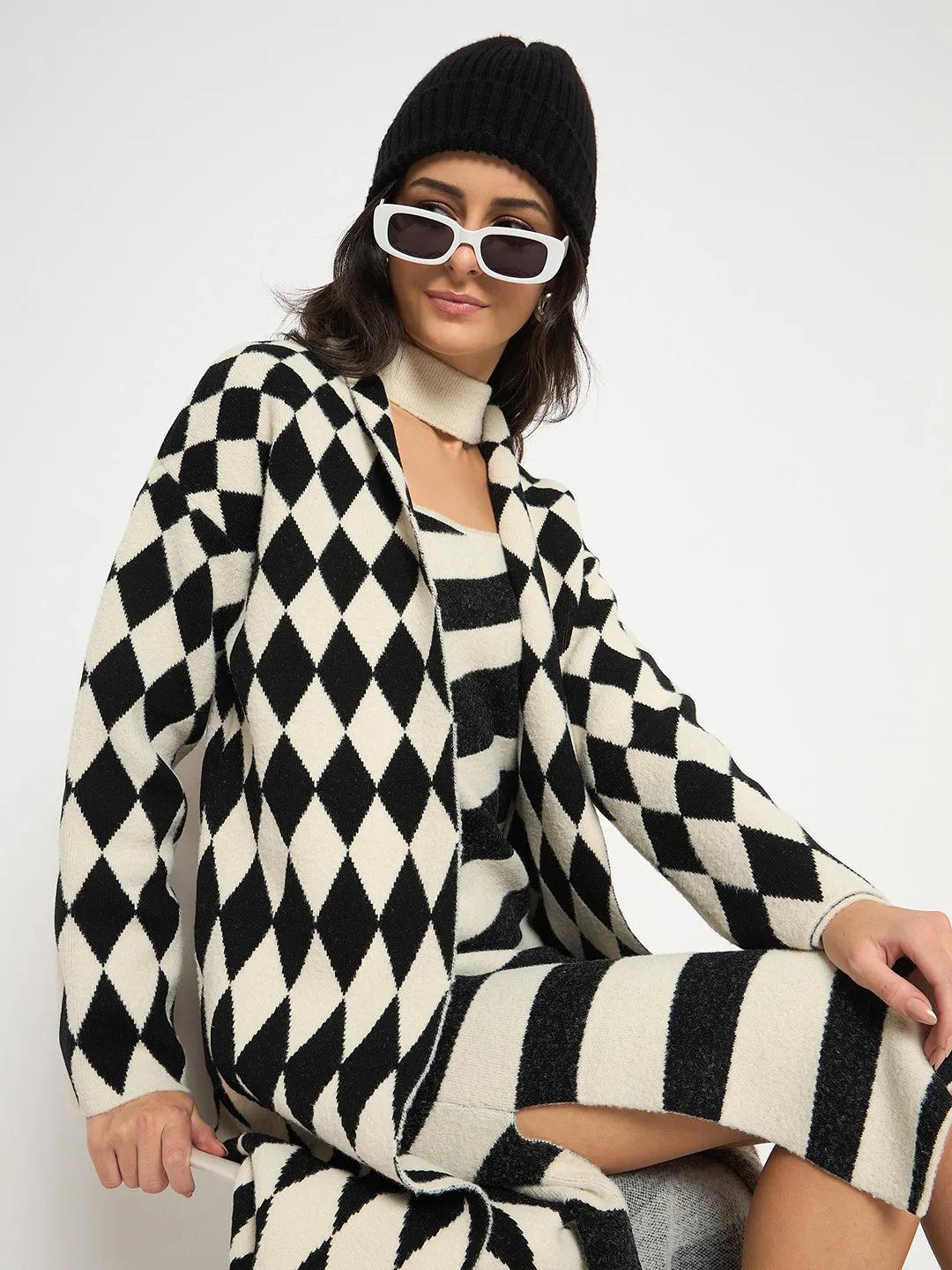 Madame Zebra Striped Dress with Geometric Print Shrug Black Ensemble