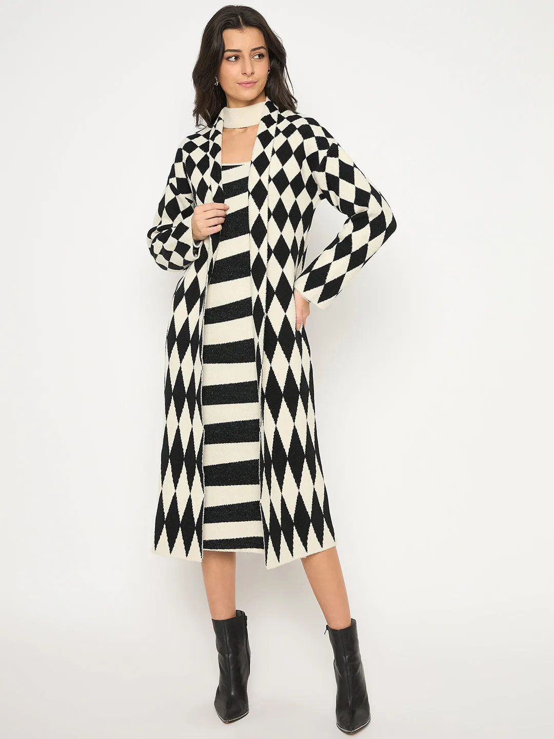 Madame Zebra Striped Dress with Geometric Print Shrug Black Ensemble