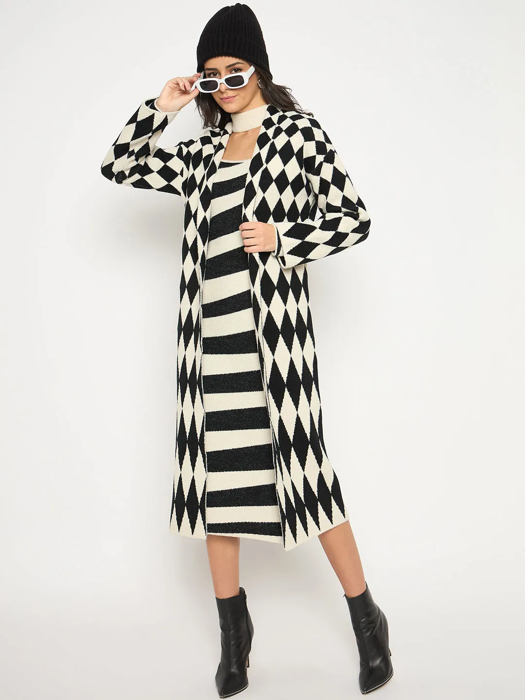 Madame Zebra Striped Dress with Geometric Print Shrug Black Ensemble