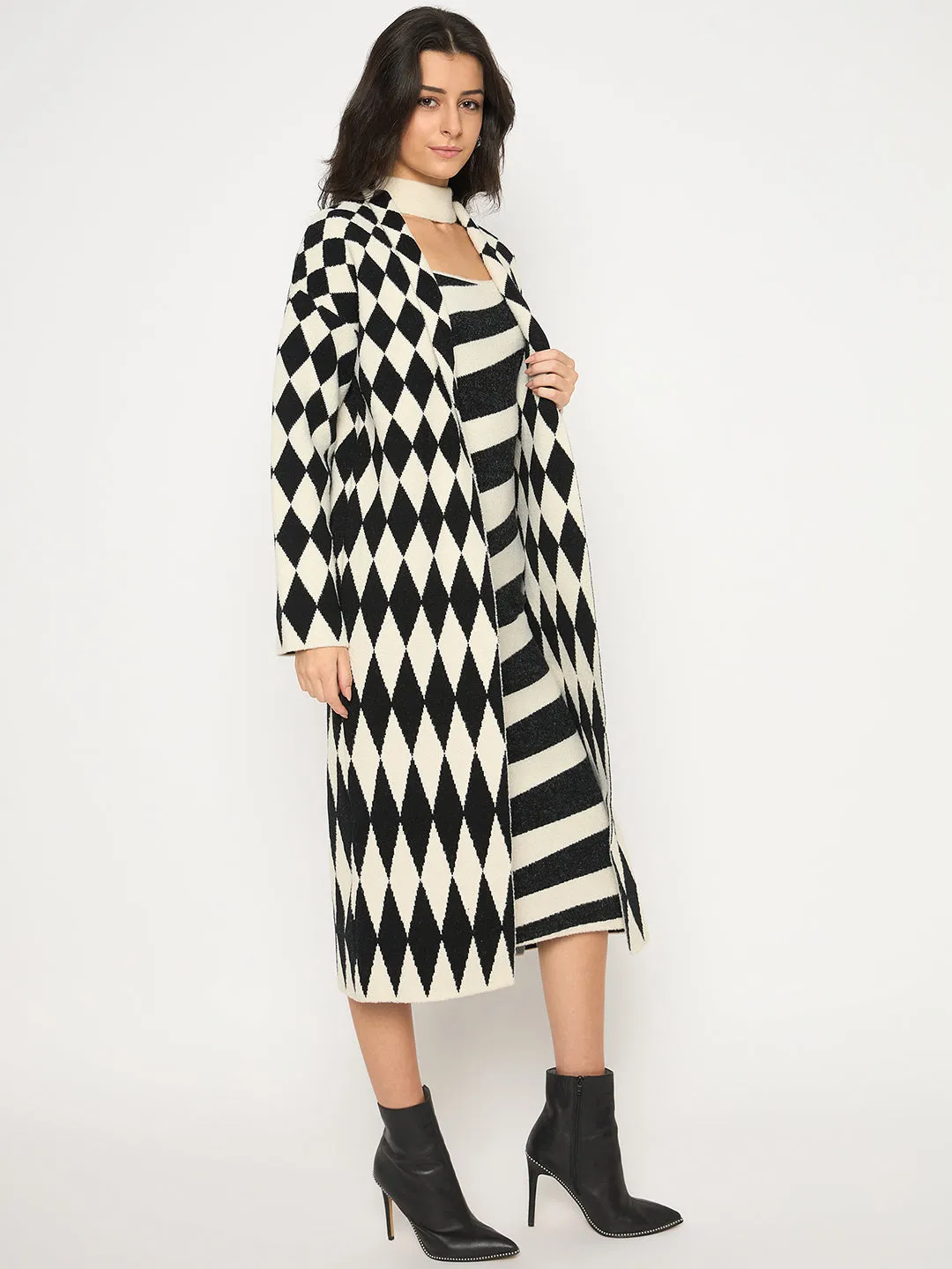 Madame Zebra Striped Dress with Geometric Print Shrug Black Ensemble