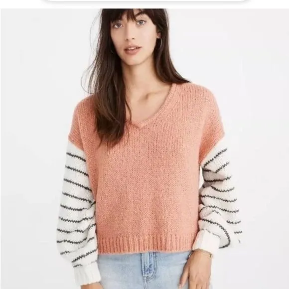 Madewell Balloon-Sleeve Pullover Sweater Colorblock XS Alpaca Wool blend Pink
