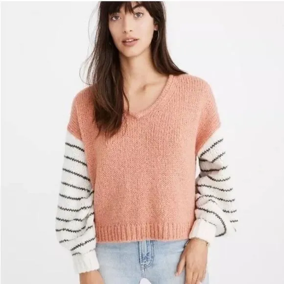 Madewell Balloon-Sleeve Pullover Sweater Colorblock XS Alpaca Wool blend Pink
