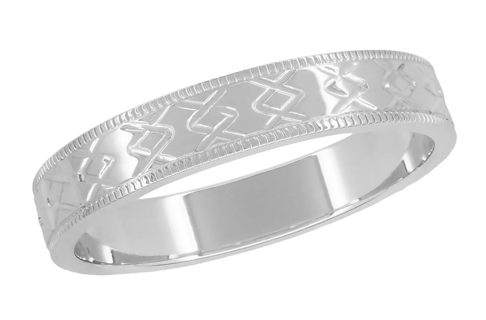 Mid Century Modern Interlocking Chevrons Engraved Wedding Band in White Gold - 4mm