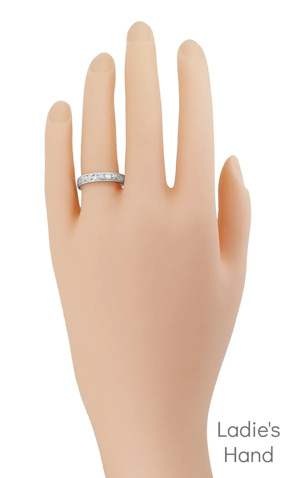 Mid Century Modern Interlocking Chevrons Engraved Wedding Band in White Gold - 4mm