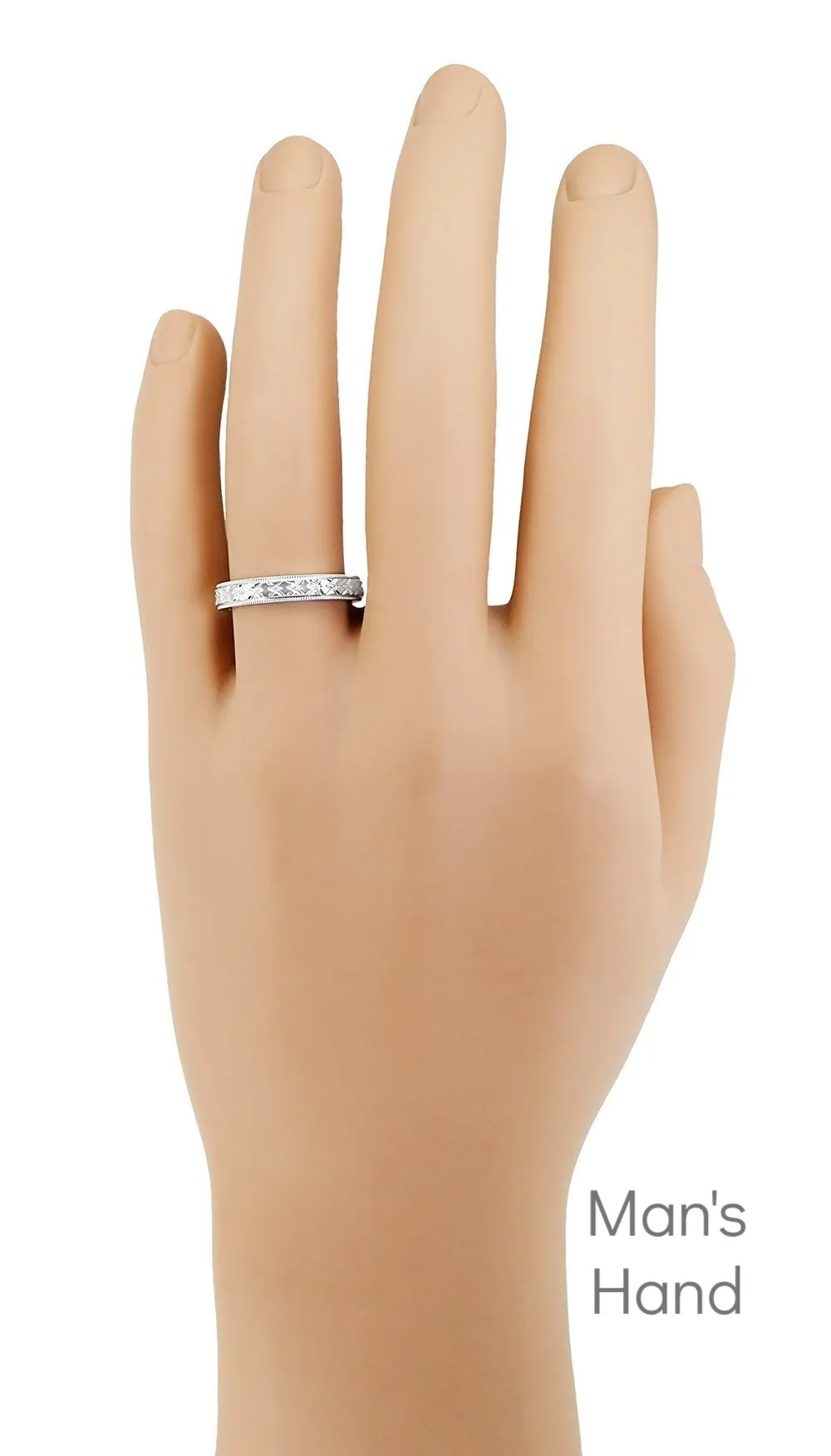 Mid Century Modern Interlocking Chevrons Engraved Wedding Band in White Gold - 4mm